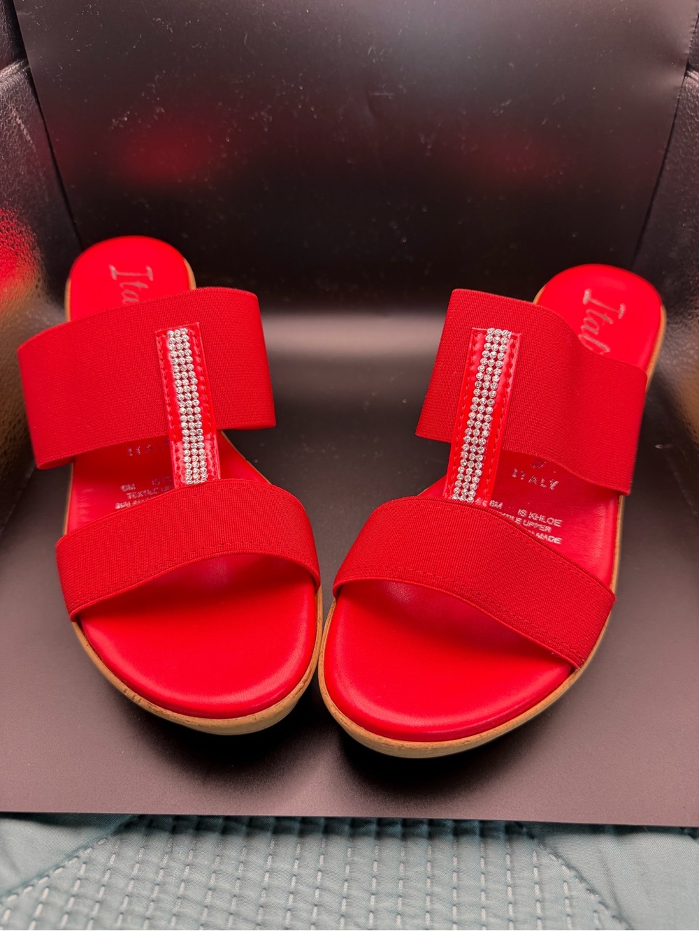 Red Crystal-Accent Slide Sandals by Italian Shoemakers